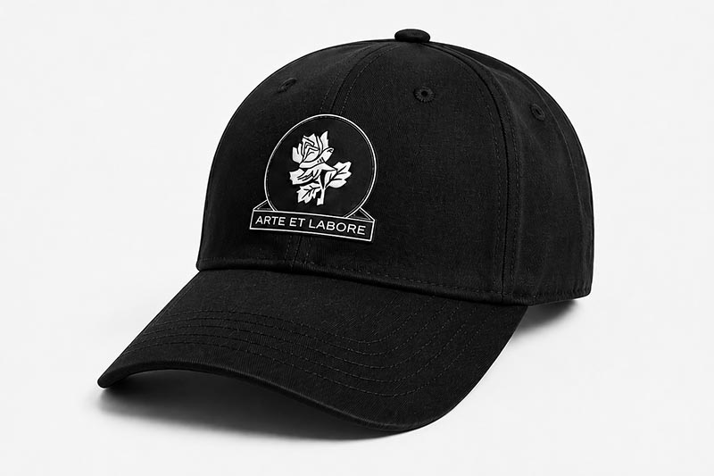 Black 3D TPU DTF film badge on caps and headwear